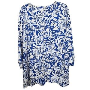 Chico's Blue Scroll Print Henley Side-Slit Slub Knit 3/4 Sleeve Tunic 4 (XXL)